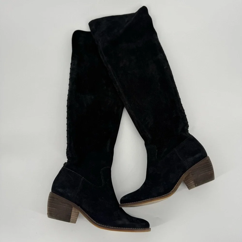 Lucky Brand Khlonn Over The Knee Bohemian Boho Black‎ Leather Boots Size 8.5